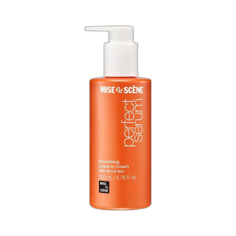 Creme Leave-In Mise en Scène Nourishing Perfect Serum 200ml em frasco laranja com tampa branca